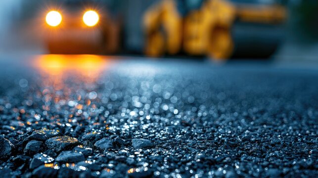 Road Construction Asphalt Compaction with Steamroller at Night.