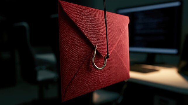 Red Envelope with Fishing Hook Symbolizing Phishing Attack and Cyber Security Threat.