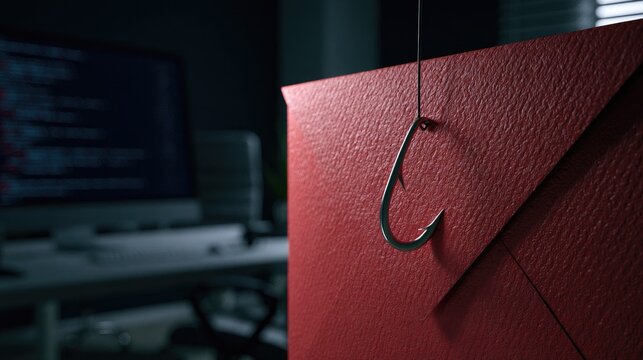 Red Envelope with Fishing Hook Symbolizing Phishing Scam.