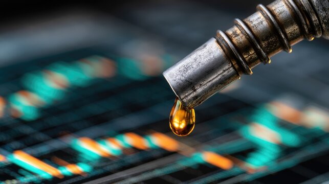 Fuel Nozzle Dripping Oil Over Financial Market Data Chart.