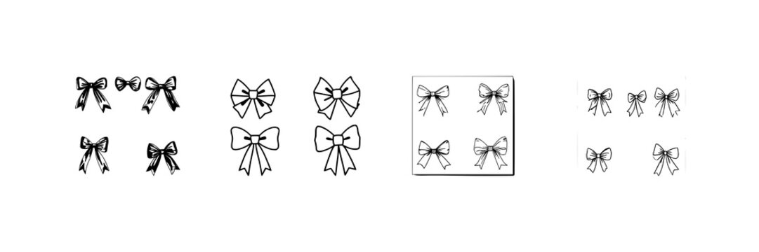 Four bow designs with ribbon loops set in clean line art featuring symmetrical shapes with black outlines and white background
