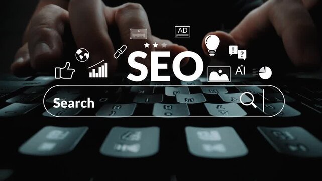 Hands Typing on Keyboard with SEO Concepts and Graphics in Dark Workspace Representing Digital Marketing and Online Presence Enhancement Techniques Gluon.