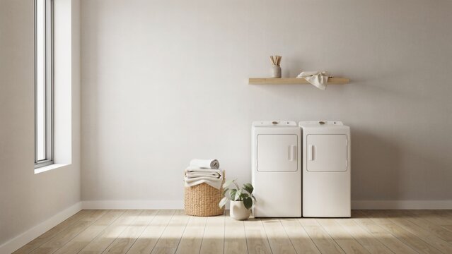 Minimalist modern laundry room with white appliances and natural wood flooring in a bright with wooden shelf against clean wall
