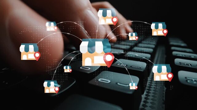 Digital marketing concept with online store icons and keyboard illustrating e-commerce growth, customer engagement, and remote shopping trends Gluon.