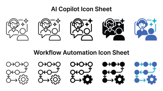 A professional vector graphic icon set featuring artificial intelligence copilot assistance and workflow automation symbols designed with minimalist black lines and vibrant blue gradient color themes