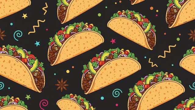 Seamless mexican food pattern with delicious tacos and colorful shapes