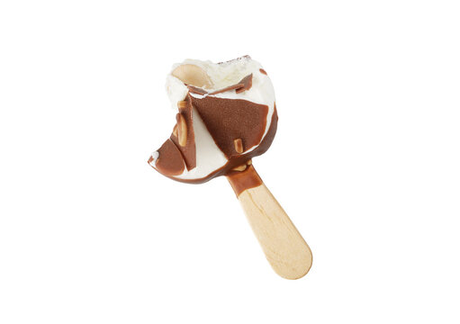 Chocolate covered ice cream bar with bite taken on transparent background