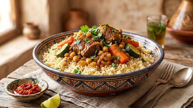 Traditional moroccan couscous with slow cooked meat and vegetables