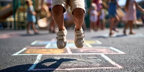Obraz premium Children playing hopscotch on a sunny day in the playground.