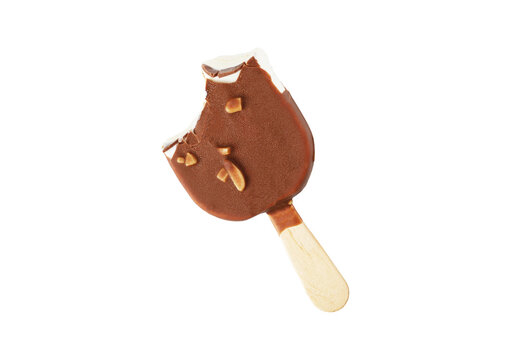 Chocolate ice cream bar with bite mark on transparent background