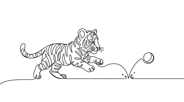 Continuous one line drawing of a playful tiger cub jumping for a bouncing ball with bouncing continuous minimalist