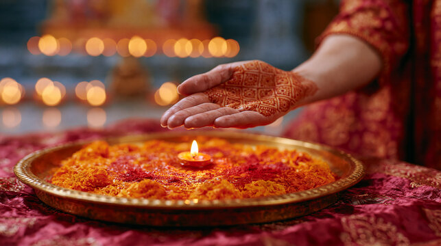 Woman hands with henna painting performing aarti ceremony over brass plate with lit diya and marigold flowers.