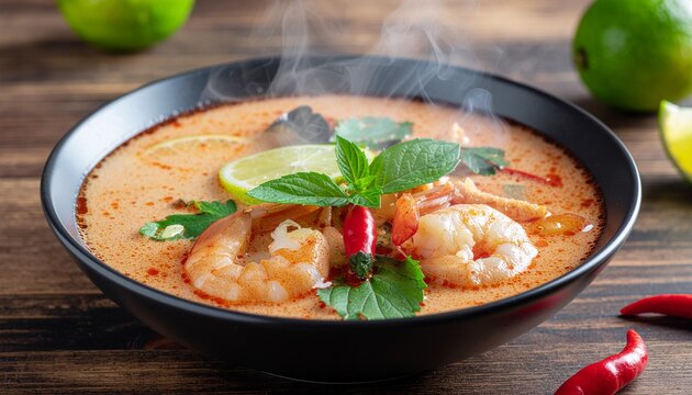 Steaming bowl of spicy thai tom yum soup with shrimp and lime
