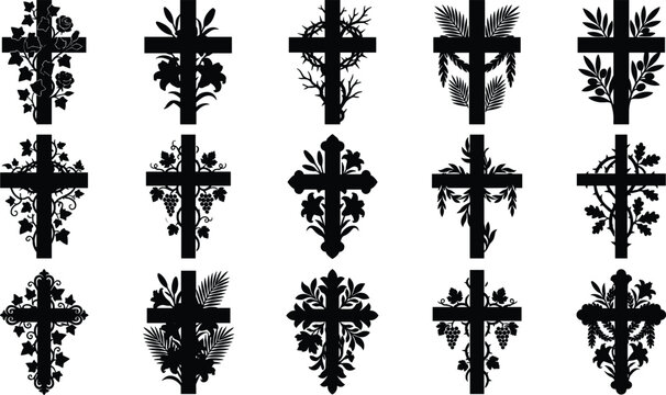 Christian cross with floral elements and vines black silhouette vector icon set