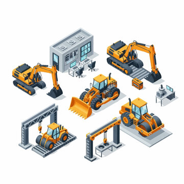 Colorful Construction Equipment and Heavy Machinery Set.