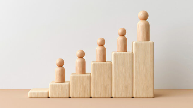 Wooden human figures ascending a staircase made of blocks, symbolizing growth and success.