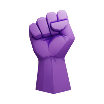 A bold three dimensional purple fist raised high in a gesture of powerful protest