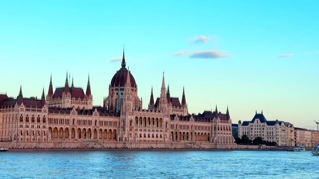 Budapest, Hungary - May 20, 2026: Scenic view of the Hungarian Parliament Building on the Danube River in Budapest