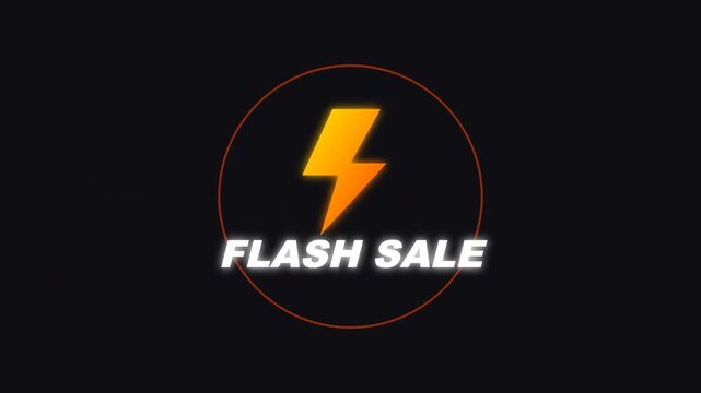 Dynamic motion graphic animation featuring a glowing yellow lightning bolt symbol pulsing above bold white flash sale typography on a dark background with subtle red circular