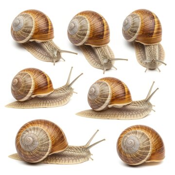 Garden snail collection with seven brown land snails in various poses, edible escargot mollusks with spiral shells isolated on white background