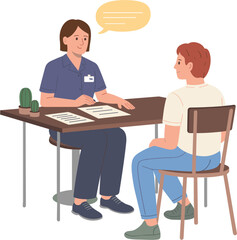 Fototapeta premium Healthcare Consultation Session, Flat Vector Illustration with Medical Professional Talking to Patient During Clinic Appointment