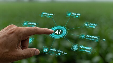 Fototapeta premium AI technology interface interacting with agricultural field data analysis.