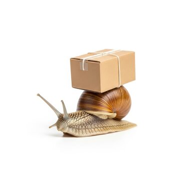 Slow delivery concept with snail carrying cardboard box, metaphor for delayed shipping and logistics, brown parcel on snail shell over white background