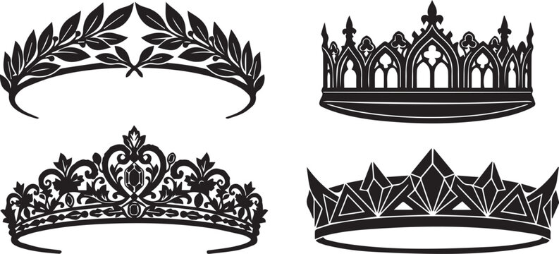 Set of black vintage royal crown and tiara silhouettes, antique luxury headwear and imperial symbol vector illustrations