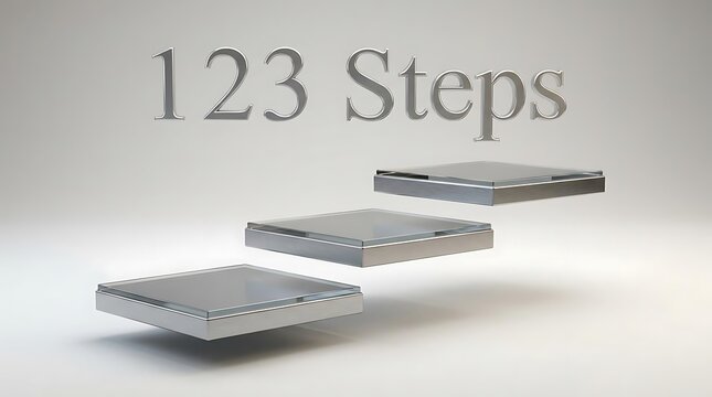 A 3d rendered conceptual background illustrating the 123 steps sequence featuring floating minimalist glass platforms against a clean and neutral background