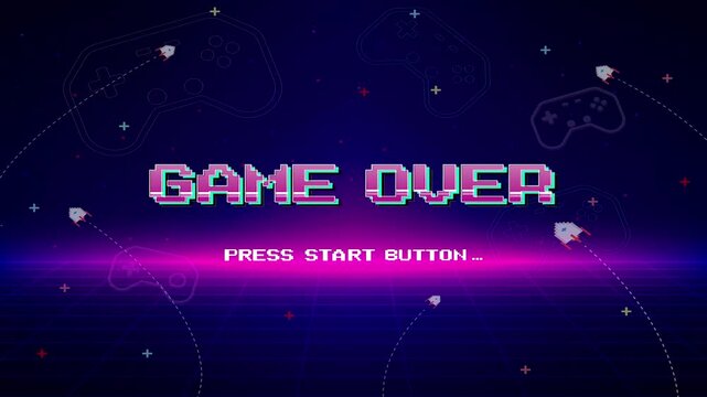 Game Over, Retro games for game assets in retro futuristic sci-fi background vector illustration. Glowing neon from an old arcade