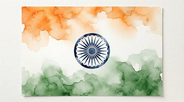 Watercolor painting of indian flag with saffron white and green colors.