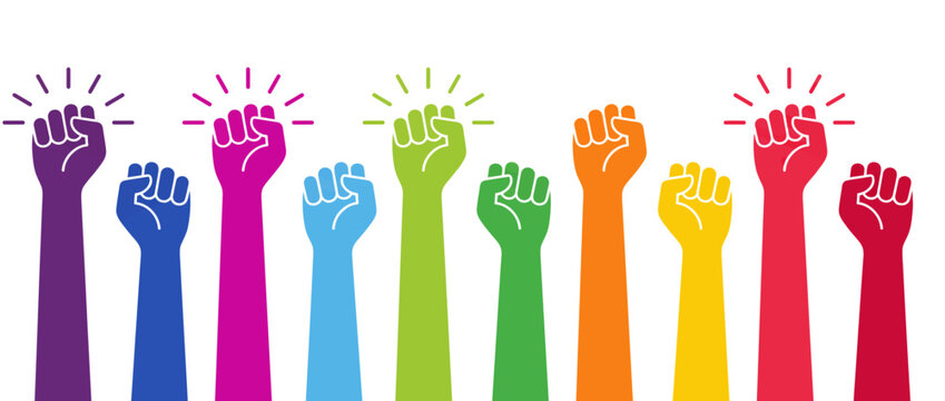 Raised fists in protest. Diverse colorful hands showing unity and social activism.