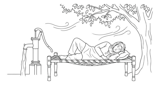 Rural Indian village life, a woman resting on a traditional charpai cot under a tree, hand pump drawing water, serene black and white line art vector illustration.