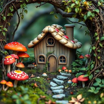 Fairy-sized cottage surrounded by mushrooms and vines, outdoors, whimsical