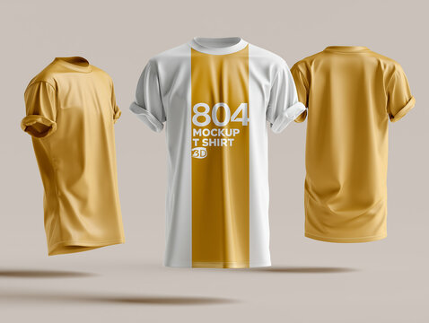 this t shirt mockup showcases a three part display against a neutral light gray backdrop