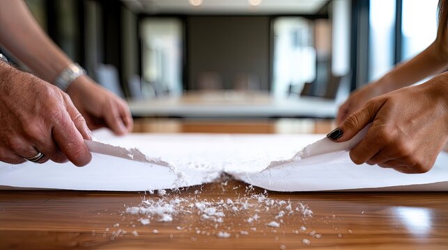 Two peoples hands tearing a large sheet of white paper in half.