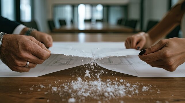 Two people tearing a document apart on a wooden table.