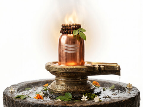 A centered copper Shiva lingam with white ash marks and rudraksha bead crown on ornate brass yoni base 