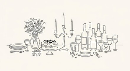 Obraz premium Elegant Line Art Illustration of a Festive Dinner Table with Wine, Cake, Flowers, and Candelabra for Celebration