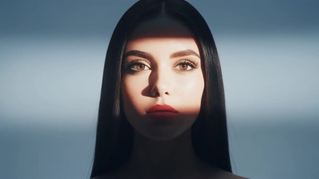 Cinematic horizontal close up portrait of a beautiful young woman with sleek dark hair and expressive brown eyes in soft natural light
