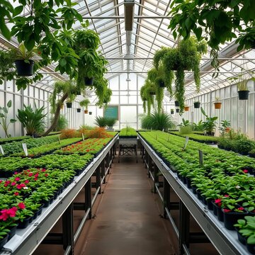 Greenhouse interior with rows of plants on tables, lab, ||plants