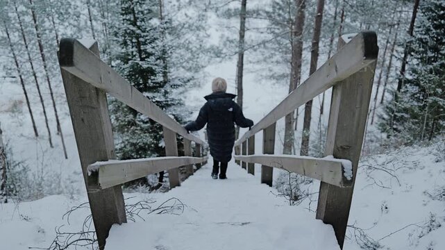 Winter forest pathway with wooden stairs as a woman descends through Blue hills