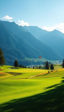 Lush green golf course with mountain view on a sunny day, fairway, rolling hills
