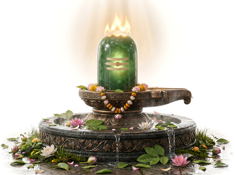A centered jade Shiva lingam with sandalwood paste marks and fresh lotus garland on ornate bronze yoni base on pure white background