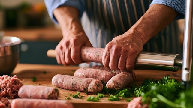 A person using a sausage stuffer to make raw sausages on a wooden cutting board surrounded by fresh herbs