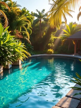 Lush greenery surrounds the pool's edge, warm sunlight glistens on water, ||luxury hotel, summer