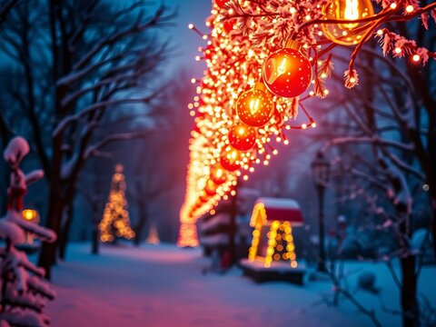 Merry Christmas lights shining bright on a winter wonderland scene, evergreen, holiday