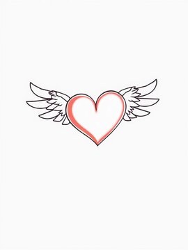One continuous line drawing of a flying heart with wings, symbolizing romantic love and passion, love, whimsical