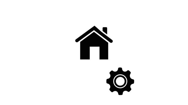 The visual elements consist of two black icons: a larger home icon positioned slightly right-of-center and a smaller gear icon placed below and to its right,both set within a white rectangular canvas.