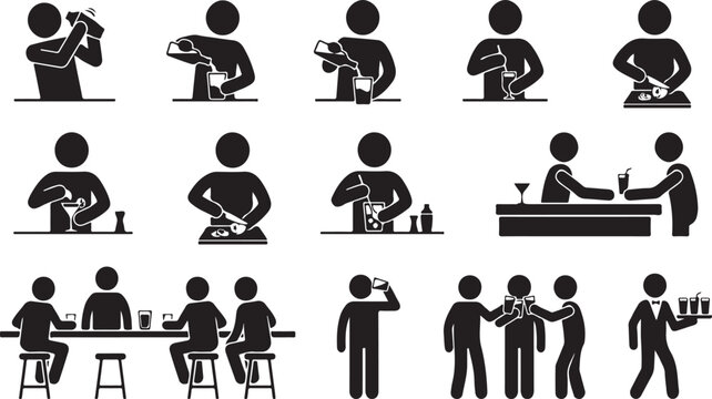 Bartending and bar service featuring people mixing cocktails, pouring drinks, and socializing at a bar counter with bar stools